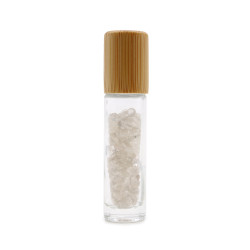 Botella de rodillo de aceite esencial de piedras preciosas - Cuarzo de roca - Tapa de madera