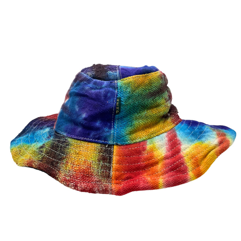 Sombrero de festival boho de cáñamo y algodón con parches y aros - Tiedye