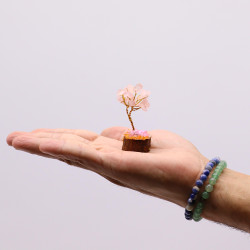 Mini árbol de piedras preciosas sobre base de madera - Cuarzo rosa (15 piedras)