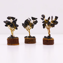 Mini árbol de piedras preciosas sobre base de madera - Ágata negra (15 piedras)