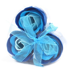Conjunto de 3 flores de sabão em forma de coração - rosas azuis