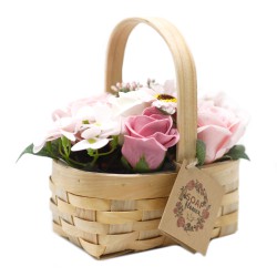 Bouquet em cesto de vime - rosa médio