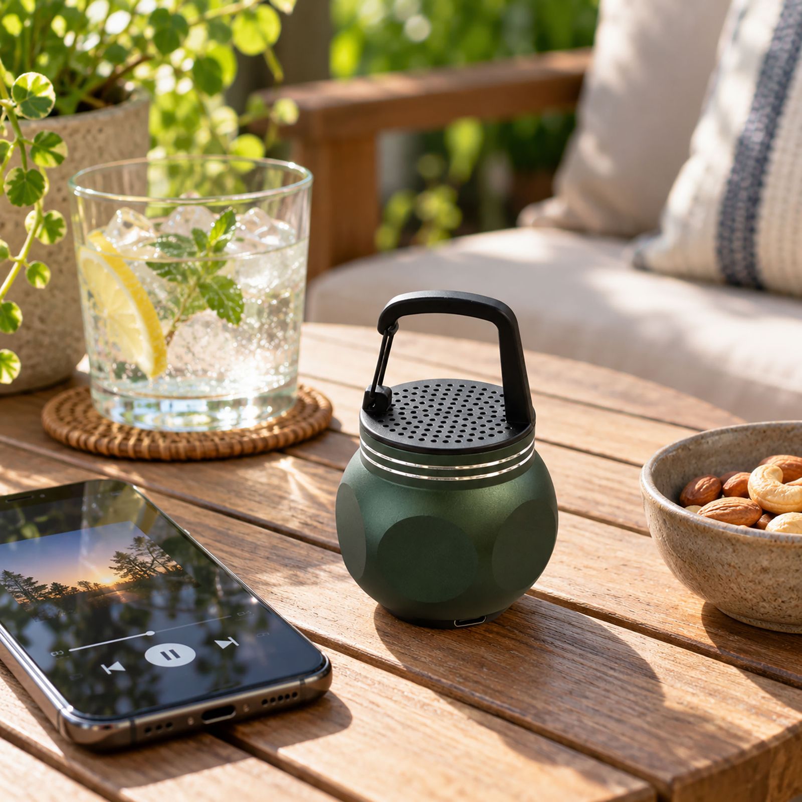 Altavoz mini verde con gancho para acampar - Imagen 2