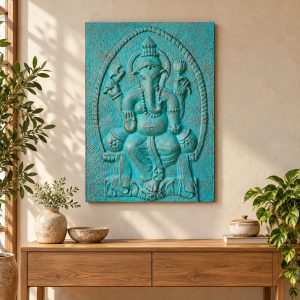 Gran Ganpati Marco de cemento fibrótico Turquesa Relieve - 0.7x1m
