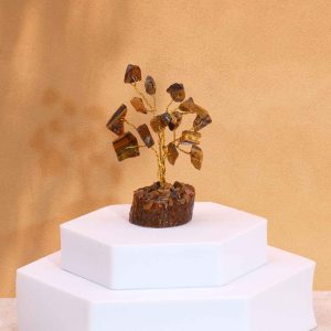 Mini árbol de piedras preciosas sobre base de madera - Ojo de tigre (15 piedras)